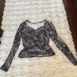 SHEIN Gray Camouflage Long Sleeve Top